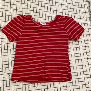 red and white striped shirt with stitch sleeves